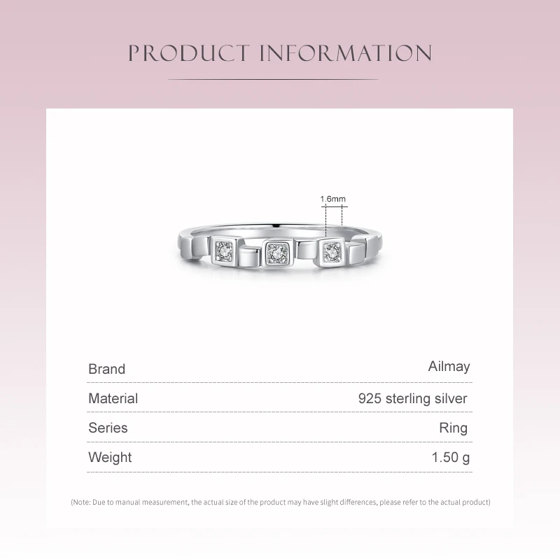 Ailmay Real 925 Sterling Silver Fashion Clear Zircon Stackable Finger Ring For Women Charm Silver Ornaments Wedding Fine Jewelry