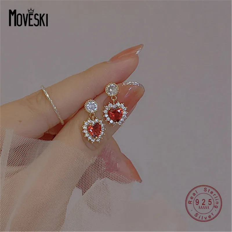 

MOVESKI 925 Sterling Silver Shiny Zircon Heart Stud Earrings Women Noble Luxury Banquet Jewelry