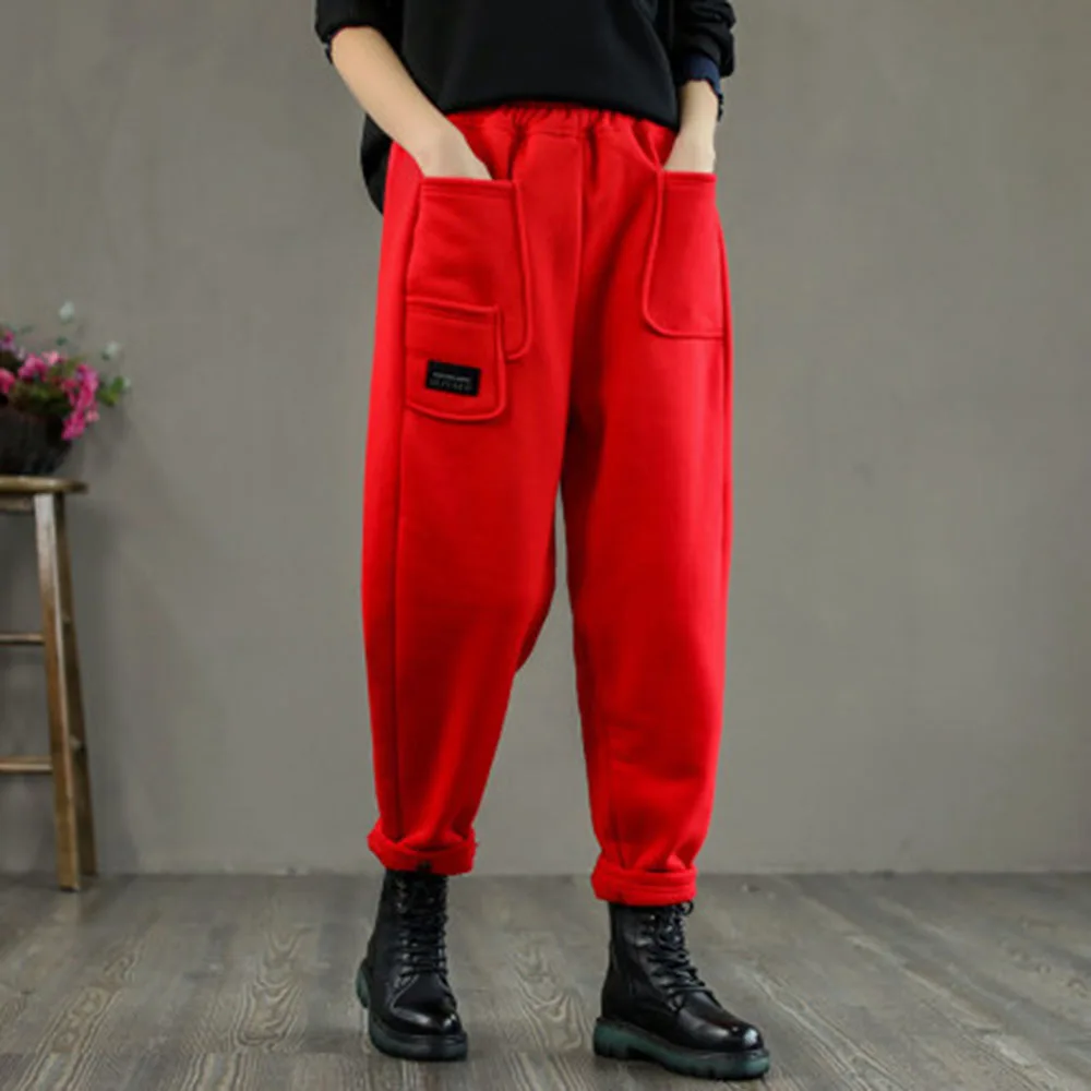 New Spring Autumn Thick Harem Pants Women  M-2XL Casual Trousers Vintage Loose Pocket Pants Elastic Waist Sweatpants