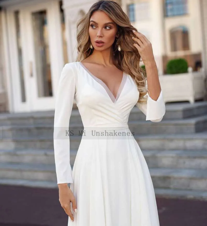 Elegante marfim manga longa vestidos de casamento chiffon renda praia vestido de noiva uma linha baratos vestidos de casamento vintage v neck casamento