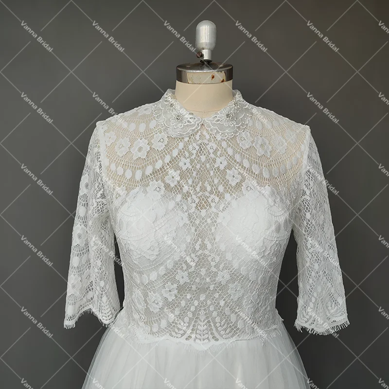 Comprimento do chá do laço vestido de cerimônia de casamento meia mangas feito sob encomenda turn-down colarinho ver através ilusão tule v-neck vestidos de noiva