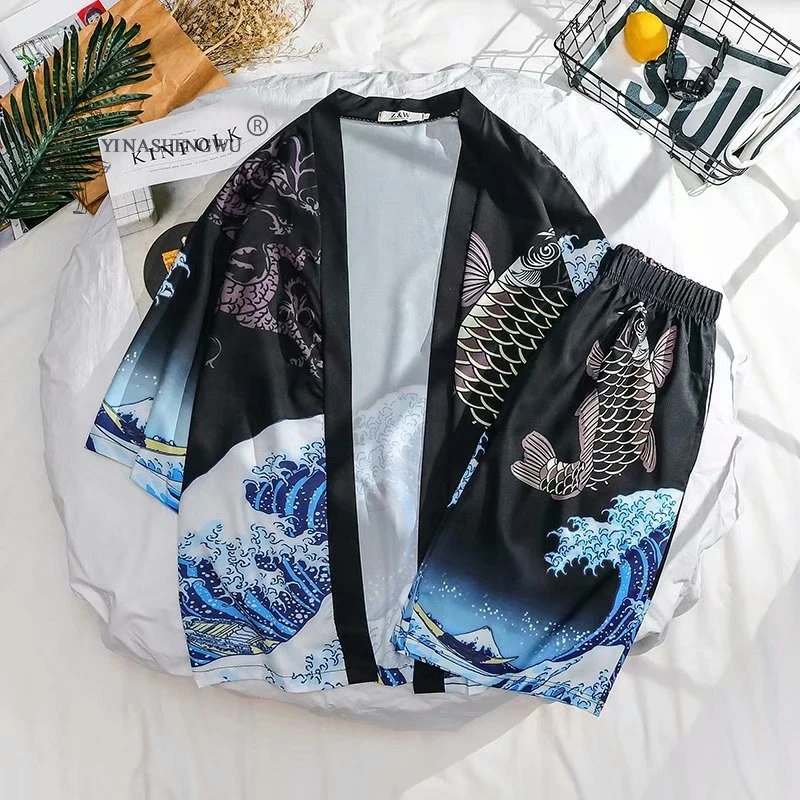 

Printing Japanese Kimono Men Clothing T-shirt Cotton National Style Short-Sleeved Cropped Trousers Summer Male Two-Piece Costume