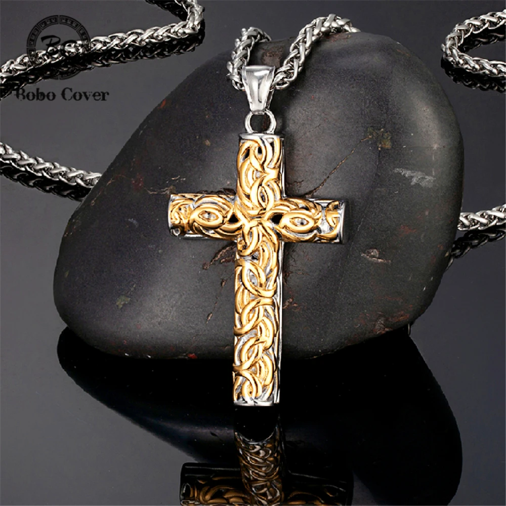 Retro Cross Necklace Stainless Steel Gold Color Viking Amulet Pendant Mens Never Fade Gothic Accessories Norse Male Jewelry Gift