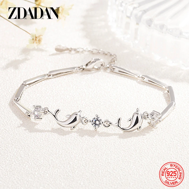 ZDADAN 925 Sterling Silver Rose Gold Dolphin Zircon Bracelet For Women Fashion Gift Wedding Jewelry