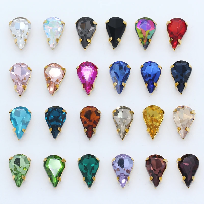 

5x8mm 6x10mm 8x13mm 24-Colors Sew on Flat Water Drops Teardrop Crystal Rhinestones With Gold Claw Button Wedding Dress Bags Diy