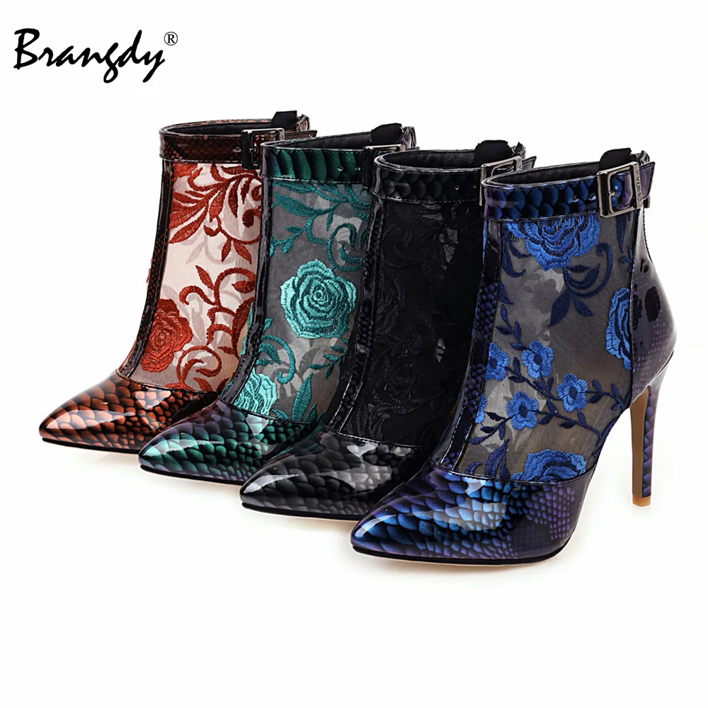 Brangdy Embroidery Women Pumps Sexy Ankle Boots PU Scales Women High Heels Shoes Mesh Pointed Toe Women Thin Heels Shoes Zipper