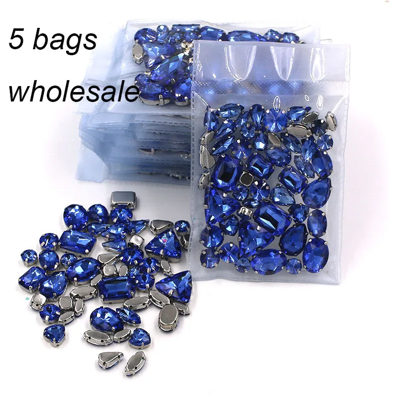 Clothing accessories  Wholesale 5 bags mixed shape glass crystal sliver base Light blue sew on rhinestones diy wedding dress