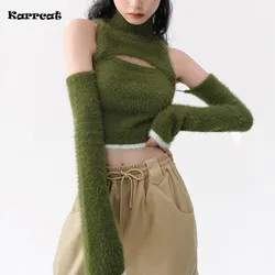 Karrcat Mohair Turtleneck Sweater Women Slim Fuzzy Crop Pullovers Korean Style Hollow Out Irregular Design Jumpers Streetwear