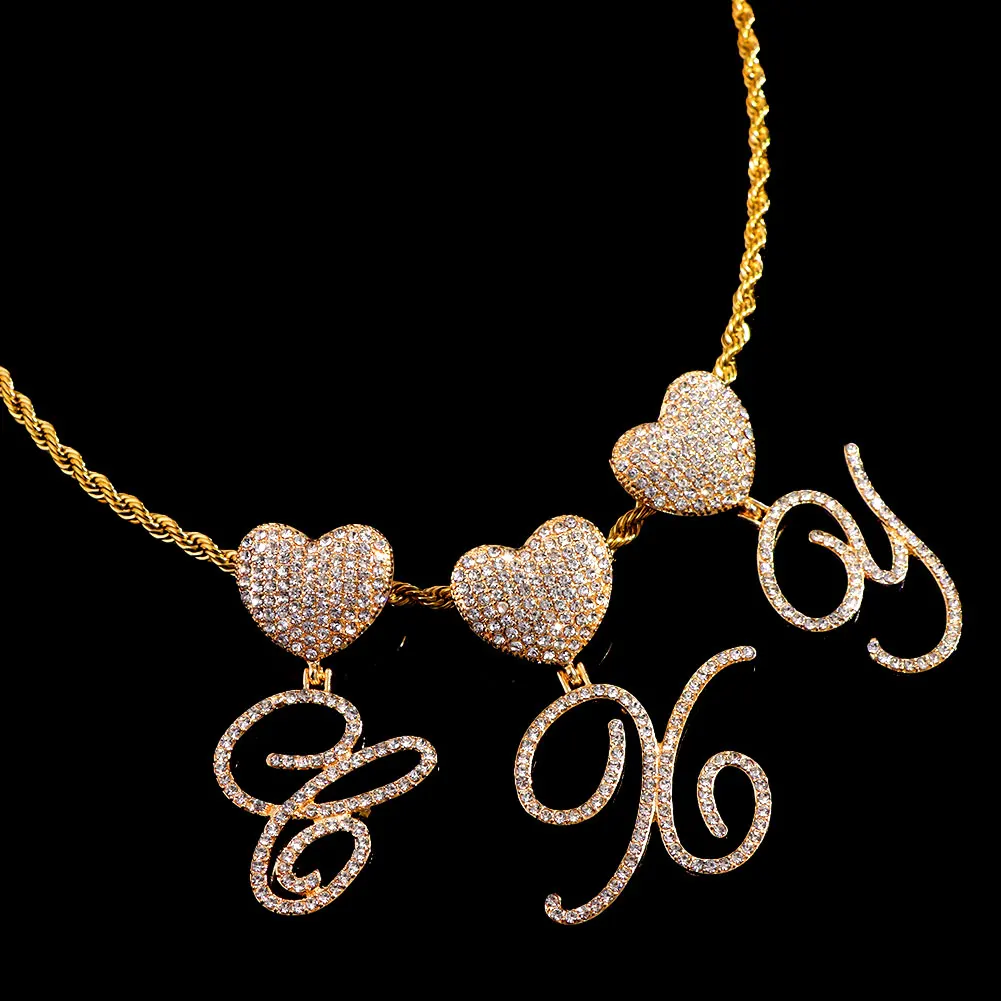 Women Men Stainless steel Rope Chain Cursive Letters Pendant Necklaces Iced Out Letters With Heart Metal Necklace Hiphop Jewelry