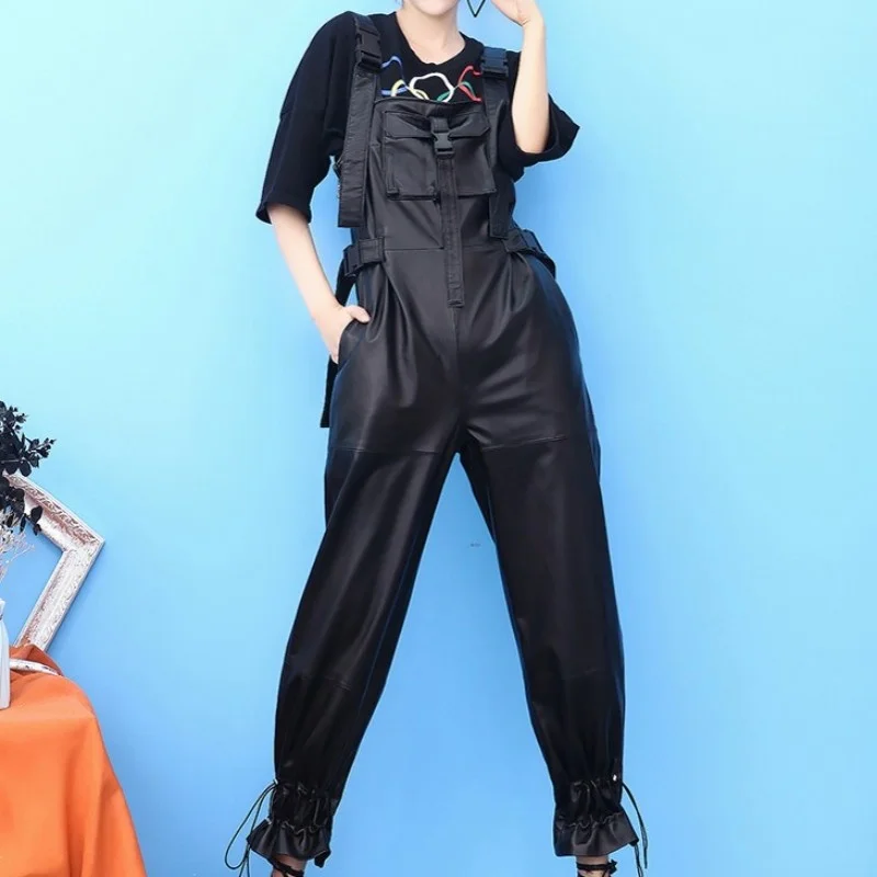 

Women Harajuku Casual Joggers Cargo Pants 2022 New Genuine Leather Overalls Hip Hop Ankle Length Sheepskin Straps Harem Pants