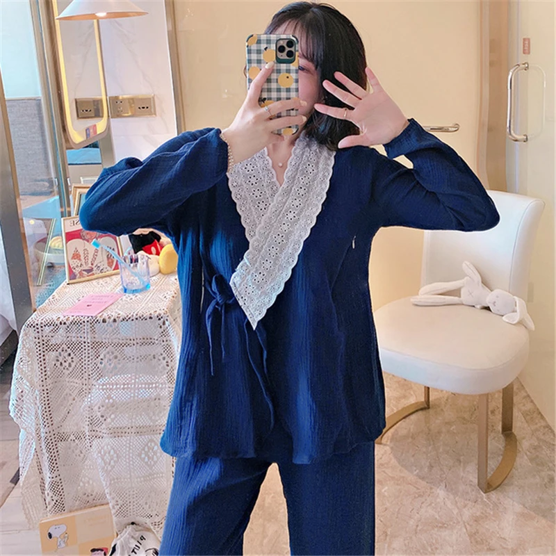 cotton kimono double-layer wrinkle gauze confinement maternity pajamas suit solid color sexy lace robe bathrobe women new 2020