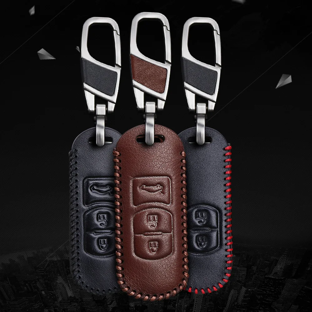 Leather Car Key Cover For Mazda 2 3 Sedan 5 6 CX-7 CX-9 MX-5 Miata CX-3 CX-5 3 Button Smart Remote Control Fob Case Keychain Bag