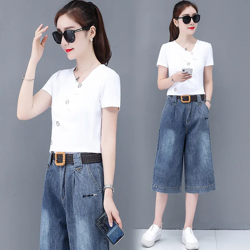 UHYTGF Elegant student sports sets womens fashion denim wide leg pants casual summer 2 piece set women Korean Big size suit 982