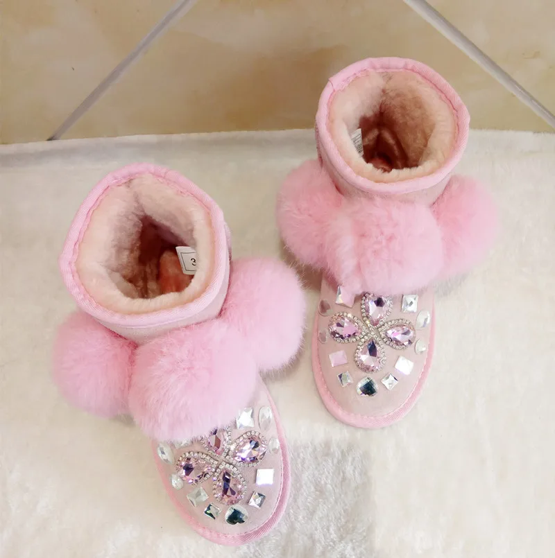 

Sweet Pink Big Rabbit Fur Pompon Snow Boots Gem Rhinestone Round Toe Thick Sole Woman Warm Plush Fur Winter Crystal Ankle Boots