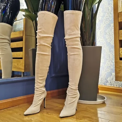 

Big Size 47 Winter Pointed Toe Stretch Half Side Zip Women Thigh High Over The Knee Thin high Heel Shoes Woman Sapatos Femininos