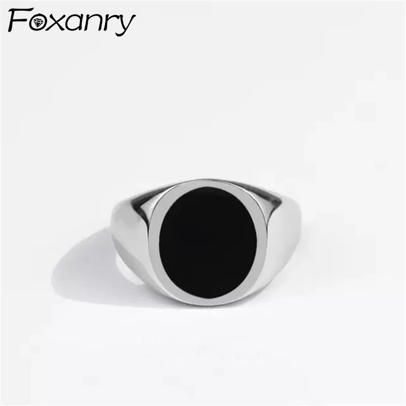 

FOXANRY Silver Color Wide Rings New Fashion Vintage Hip Hop Simple Black Geometric Design Punk Party Jewelry Wholesale