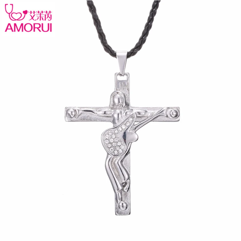 

25Pcs/Lot Rock Star Johnny Hallyday Guitar Cross Pendant Necklace Stainless Steel Men Leather Croix Chain Necklaces Crucifix