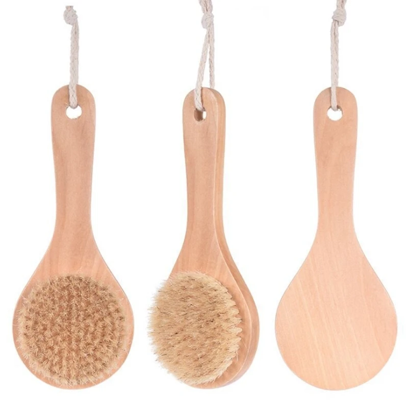 

20x8cm Long Natural Wooden handle Bristle Body Brush Massager Soft Brushes Wood Bath Shower Back Spa Scrubber A216115