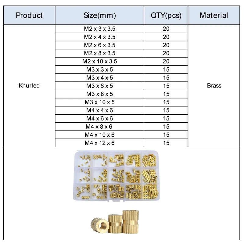 250PCS Sert Double Pass Copper Knurl Nut Brass Insert Thread Metal Lock Nuts  Embedded Fastener Assortment Kit Set Box M2 M3 M4