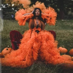 Ropa de dormir naranja brillante, vestidos de maternidad de tul, mangas largas, talla grande, para sesión de fotos nupciales, lencería para el embarazo
