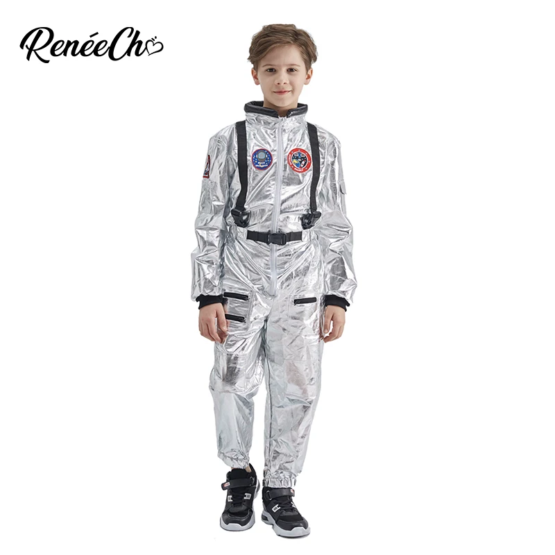 Reneecho Kids Astronaut Costume Sliver Boys Space Man Cosplay Jumpsuit And Hat 2 Piece Set Baby Halloween Costume For Kids