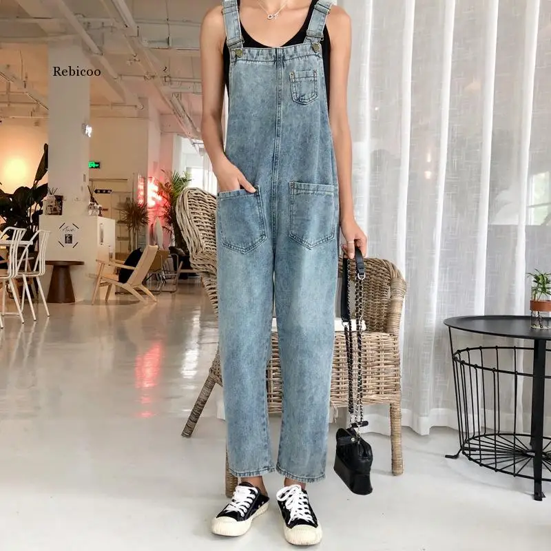 Women Oversized Denim Jumpsuit Autumn Jeans Overalls  Bib Solid Pockets Rompers Vintage Dungarees Blue Basic Jean Pants