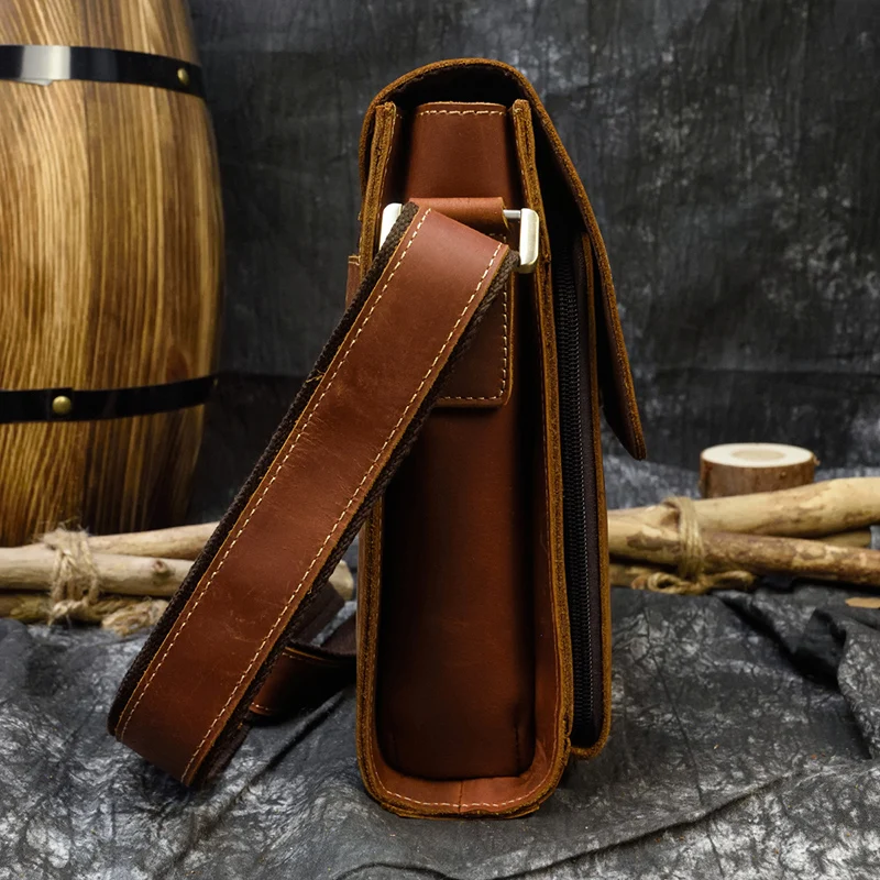 Mala de ombro de couro louca para homens, couro genuíno iPad, bolsa mensageiro vintage, bolsa de viagem casual, bolsa de couro durável