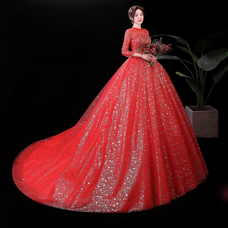 Nuova foto reale collo alto rosso romantico abito da sposa manica lunga Plus Size Vestido De Novia abiti da sposa per le donne Custom make