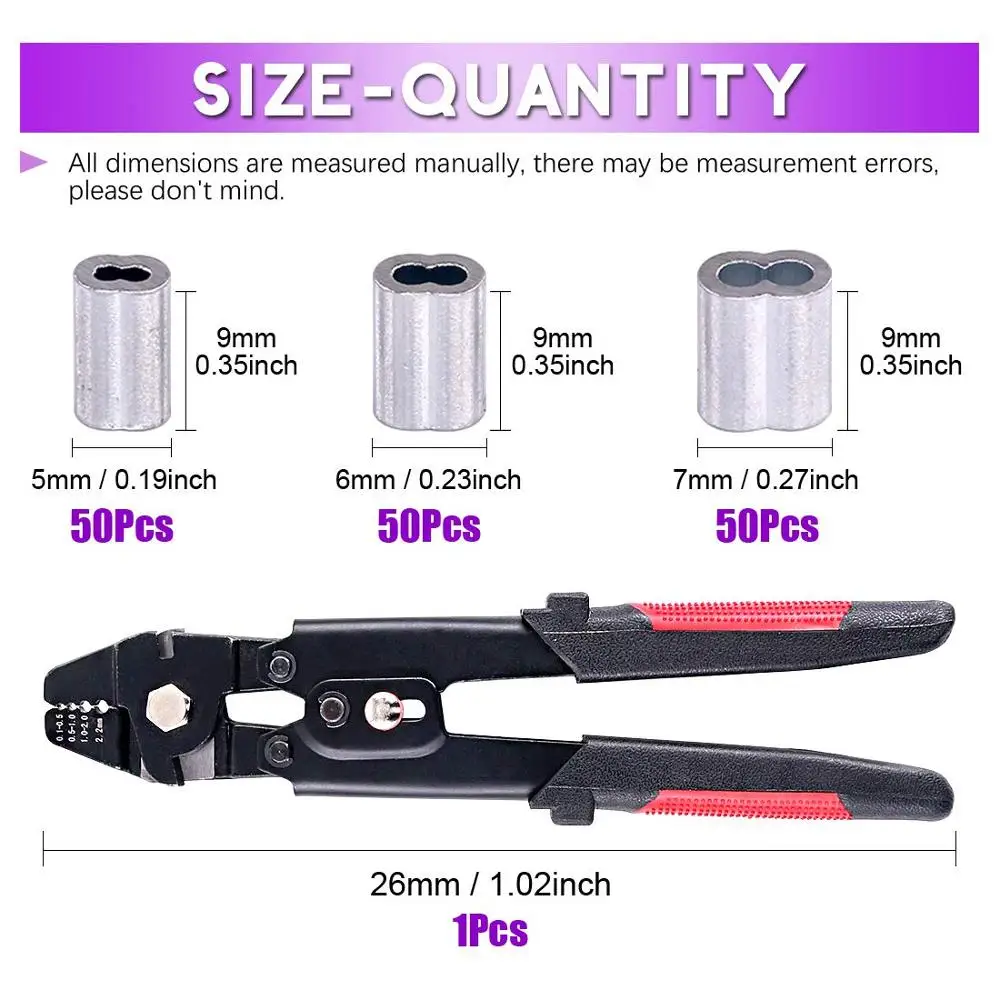 WX-711 Wire Rope Crimping Tool Wire Rope Swager Crimpers Fishing Plier with 150pcs Crimp Sleeves Kit