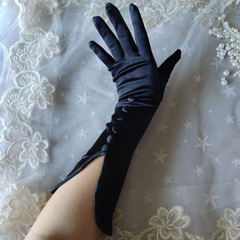 1 Pair Bride Bridal Wedding Gloves Black White Long Beaded Satin Gloves Elegant For Women Finger Gants Mariage Luvas De Noiva