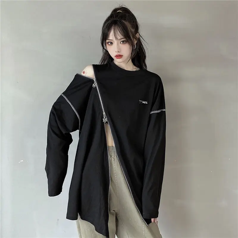 Spring Summer Streetwear Solid Long Sleeves T Shirt Women Double Oblique Zipper Hollow Shoulder Tshirts Casual Oversized Top Tee