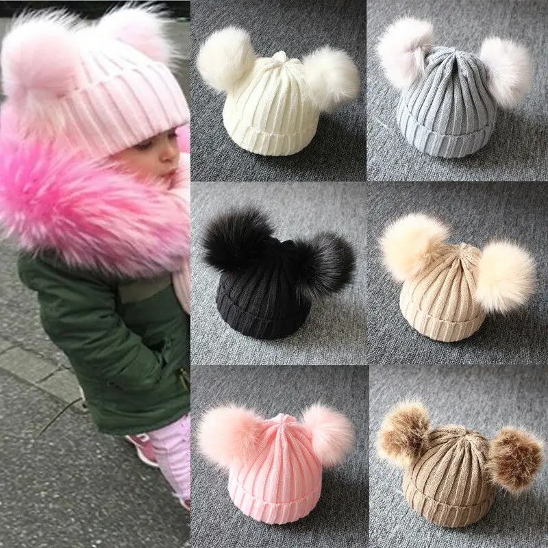 PUDCOCO Newborn Kids Baby Boys Girls Double Fur Pom Hat Winter Warm Knit Bobble Beanie Cap 1-3T