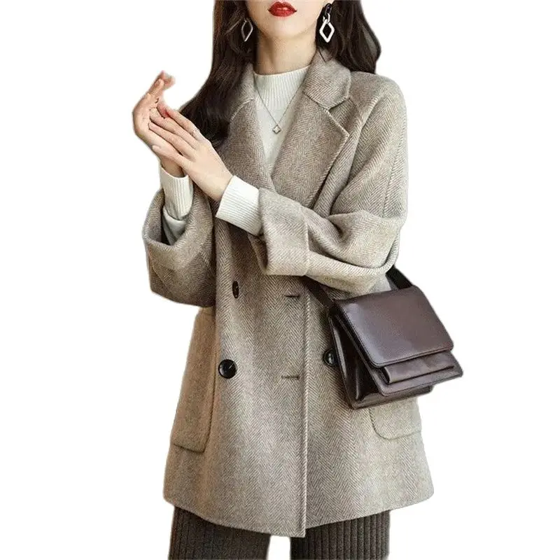 New Women\'s Wool Blends Blazer Coat Winter 2023  Autumn Fashion Elegant Mother Slim Long Woolen Outerwear Female Jacket 914