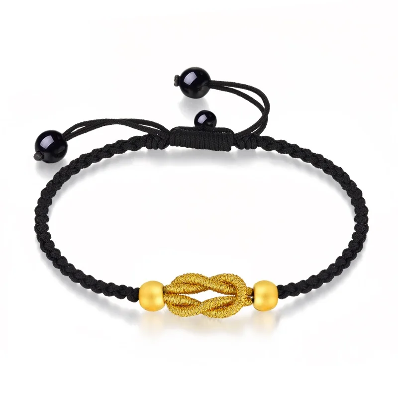 Pure 24K Yellow Gold Tow Round Beads with Black Cord Bracelet Woman Best Gift