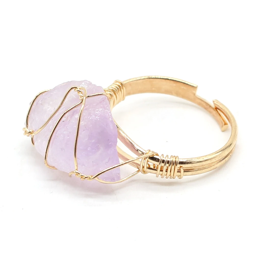 Natural Stone Crystal Rings Charm Gold Color Wire Wrap Gem Stainless Steel Adjustable Finger Ring Jewelry Gift for Girlfriend