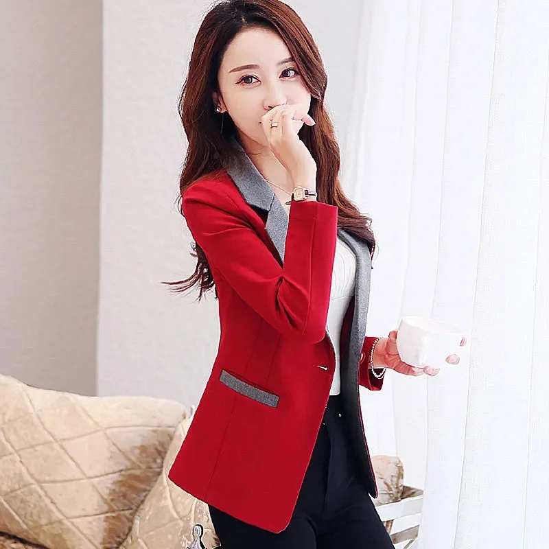 2023 Autumn New Women\'s Blazer Red Color Matching Single Button Long Sleeve Temperament Lady Lining Suit Jacket Femme Black  530