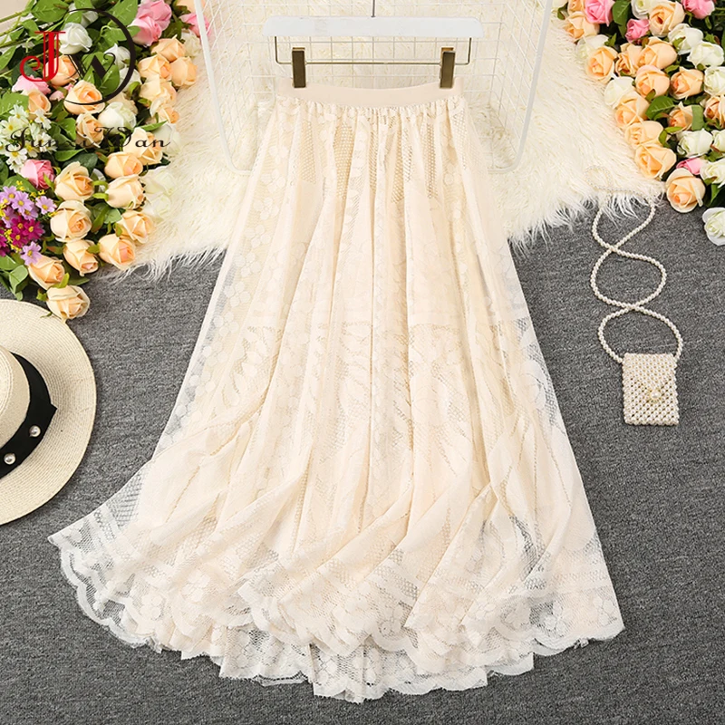 Summer Solid Lace Skirt Women Sweet Mesh High Waist Elegant Office Ladies Korean A-Line Long Skirts Saias