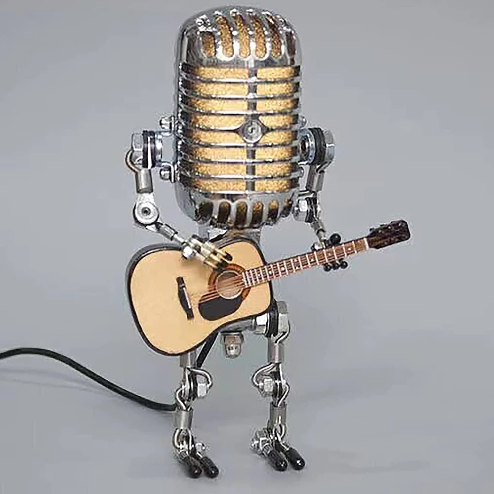 Microfono lampada Robot microfono in metallo Vintage Robot Touch Dimmer lampada da tavolo lampada per chitarra a LED lampada da scrivania a luce solare per Robot