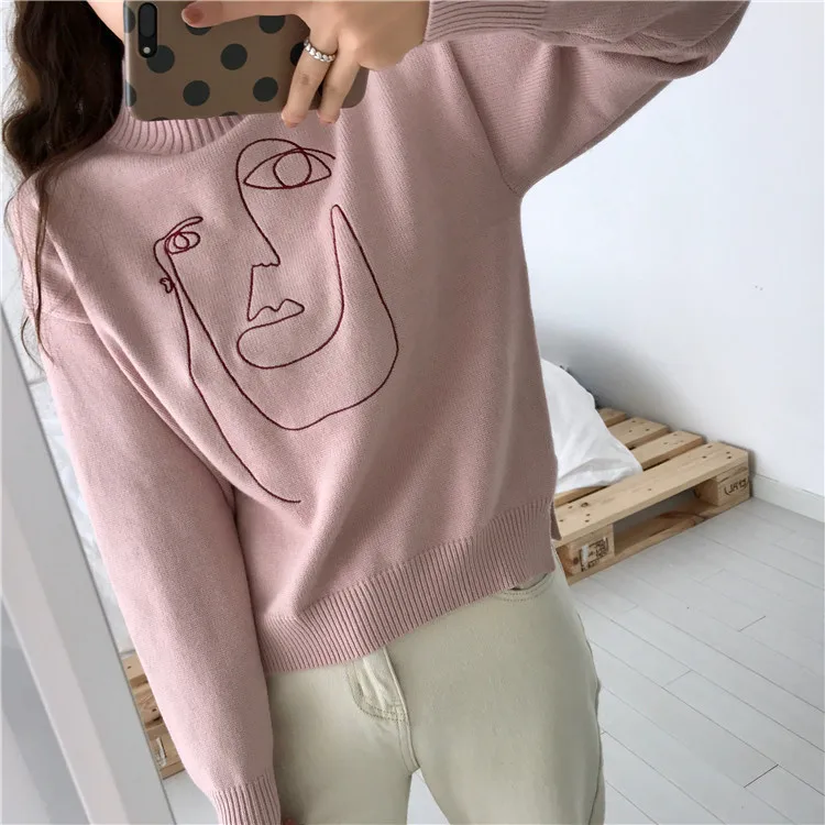 Character Embroidered Sweater Woman High Collar Long Sleeve Knit Wool Pullover Spring and Autumn 2019