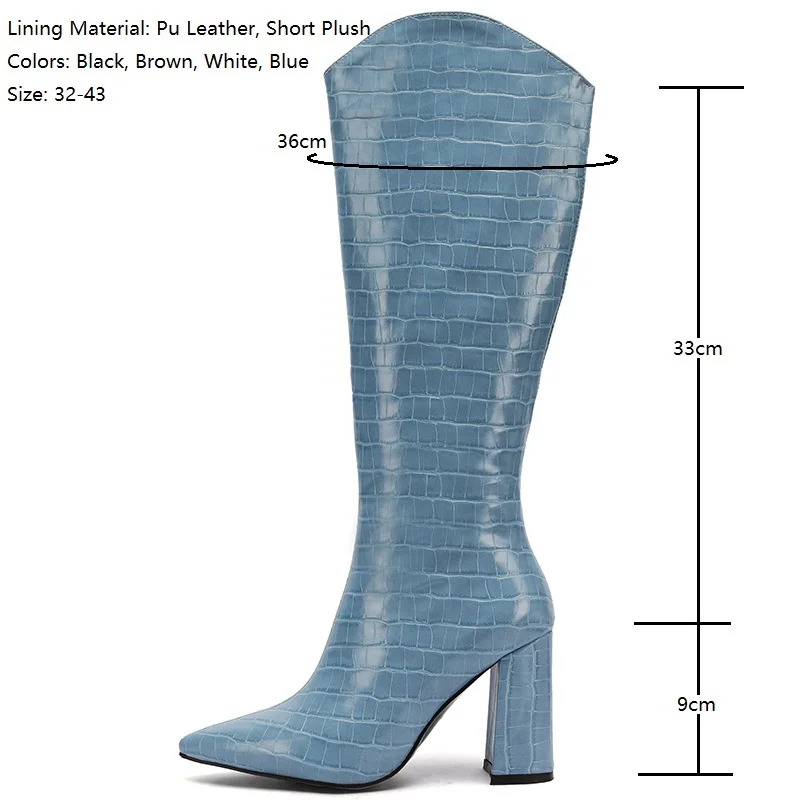 Drestrive Women Knee High Boots Sky Blue Pointed Toe Zipper Pu Leather Stone Pattern Thick High Heels 2021 Winter Shoes Size 43