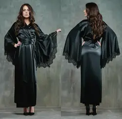 2020 Black Long Lingerie Women's Ladies Bride Robes Kimono Robe Satin Silk Lace Night Wear Gown Sleepwear Wedding Wear