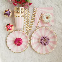 Pink Stripe Plate Cups Napkins Towels Happy Birthday Party Supplies Girls Baby Shower Wedding Home Decoration