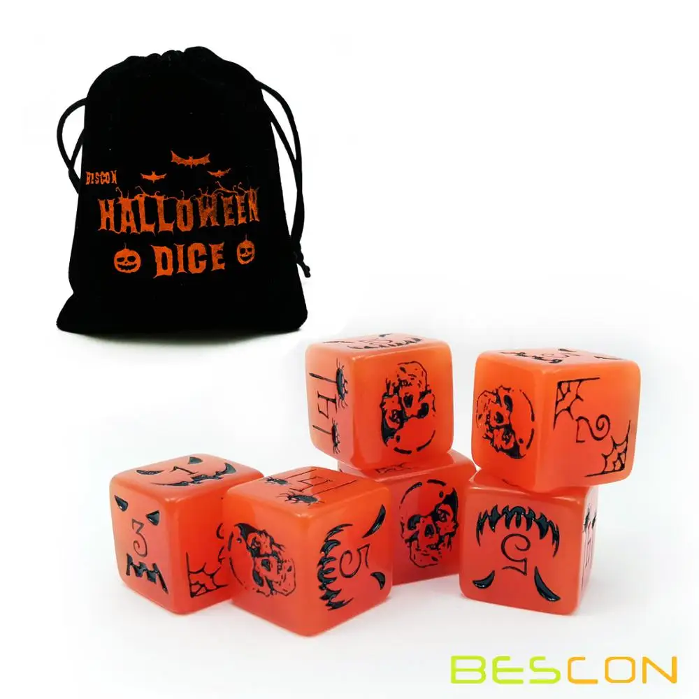 

Set of 6 Bescon Luminous Halloween Dice 6 Sides, Glow in Dark 6 Sided Halloween Dice Set in Velvet Pouch