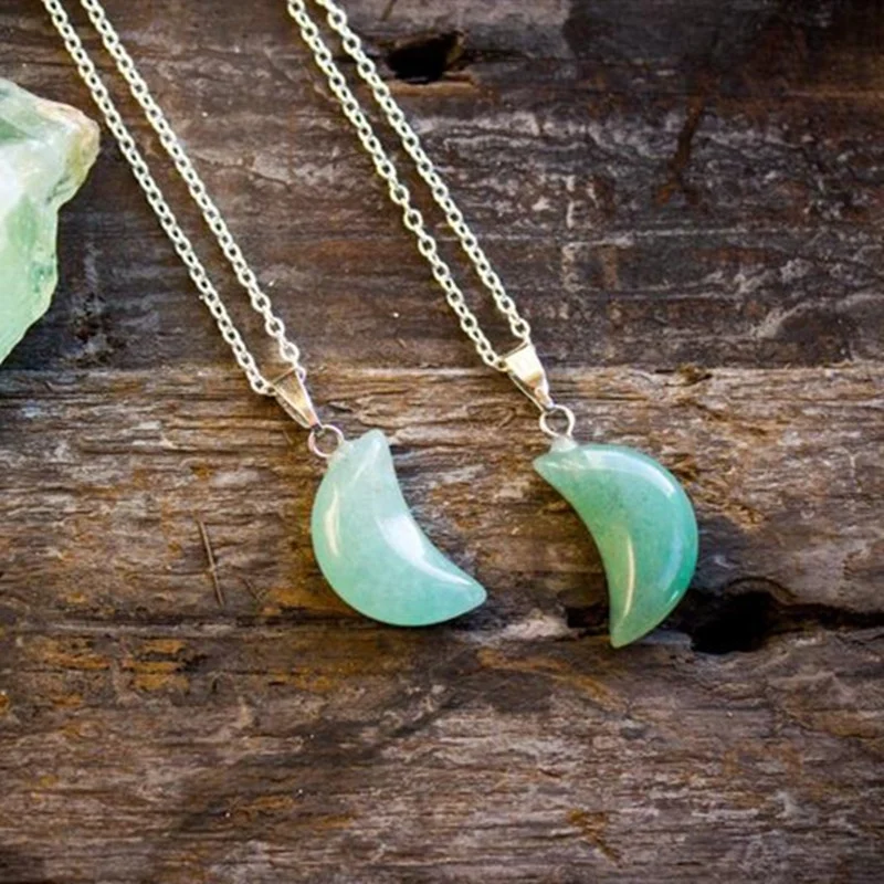 Aventurine Necklace Polished Jewellery Moon Crystal Healing Crescent Pendant Birthday Unique Gift Gemini June Cancer