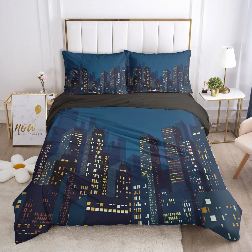 3D Design Bedding Set 3pcs Duvet Cover Sets Black Quilt Covers Blanket Case Bed Linens City Views King Queen Size Home Textile