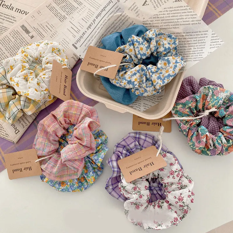 Women Floral Plaid Hair Scrunchies Vintage Wild Hair Ring Elastic Rubber Band Girls Fashion Ponytail Scrunchie Hair Accessories