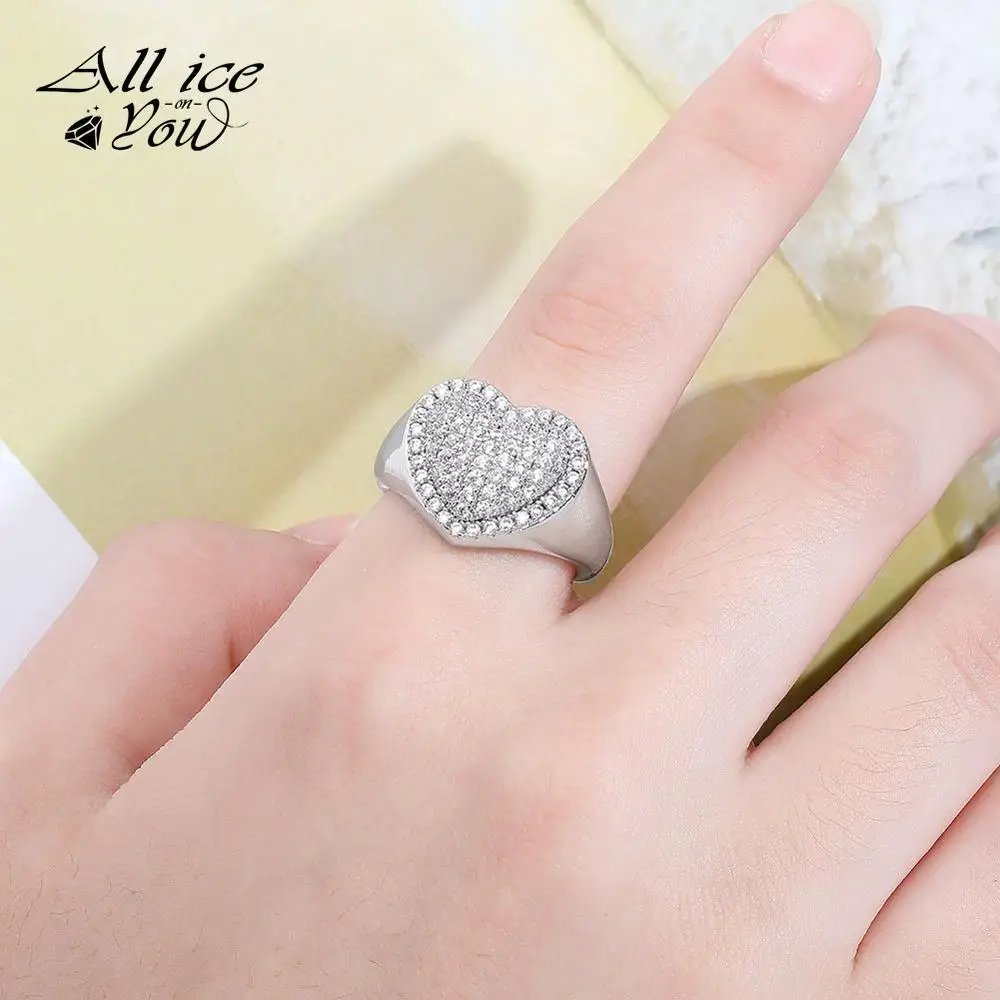 ALLICEONYOU High Quality Fashion Street AAA Cubic Zircon Love Heart Iced Out Ring CZ Hip Hop Silver Color Jewelry Women Gifts