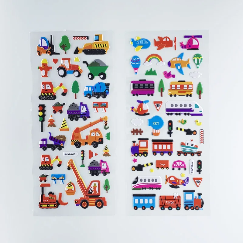 3 Sheets/Set Kids 3D Cartoon Transportation Cars Train Plane Stickers for Boys DIY Bubble PVC Scrapbook Sticker Learning Toys