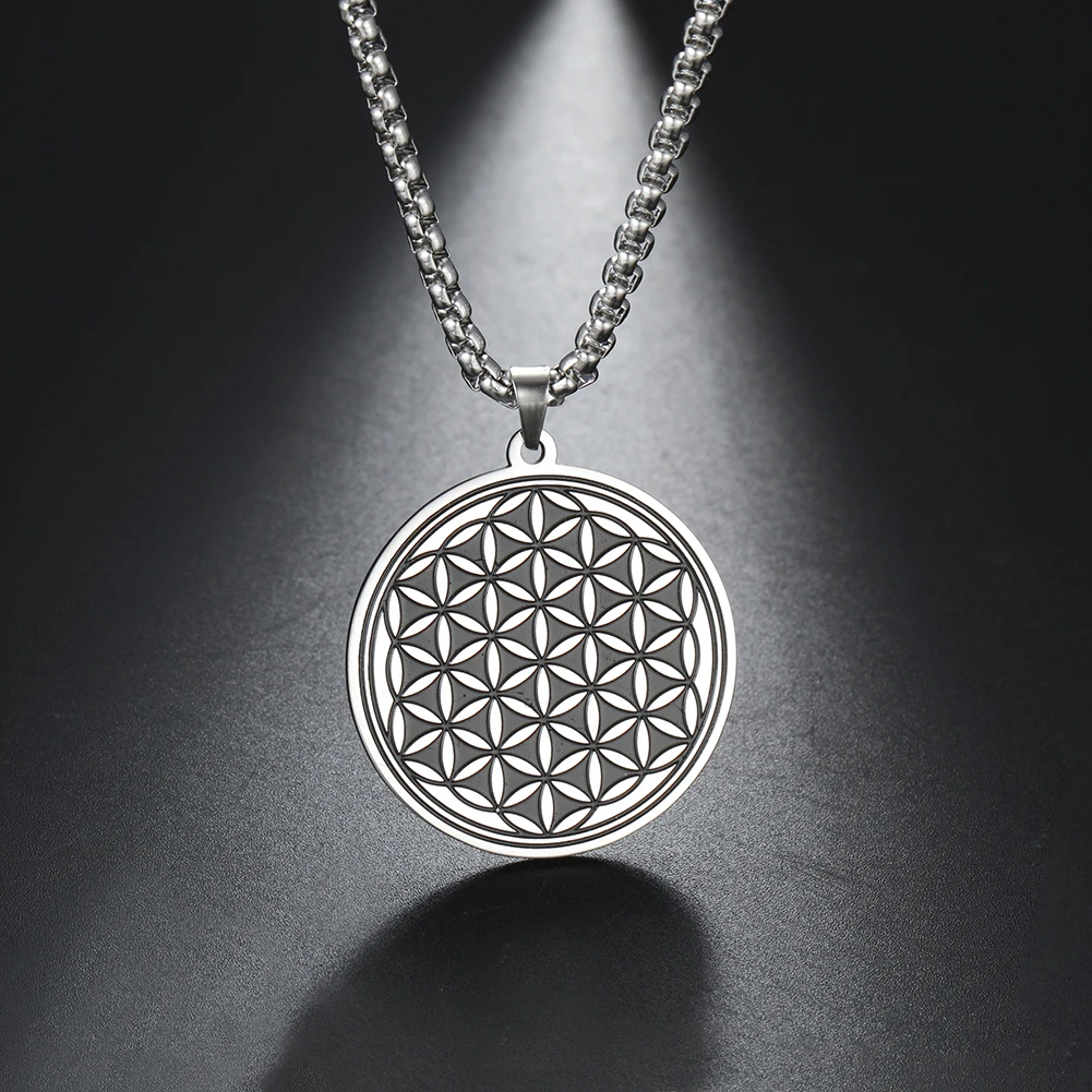 Skyrim Vintage Mandala Black Flower of Life Necklace for Men Women Stainless Steel Box Chain Necklaces Party Jewelry 2024 New