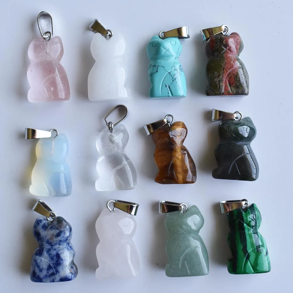 2020 Fashion High Quality Assorted Mixed natural stone animal cats charms pendants for fine jewelry making 12pcs/lot Wholesale